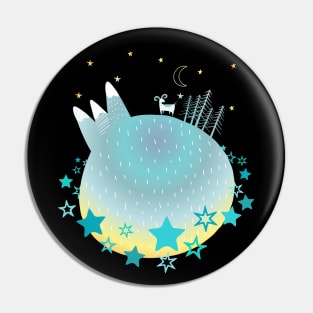 "Home Planet" in turquoise, yellow, and white with a ring of teal stars - a whimsical world Pin