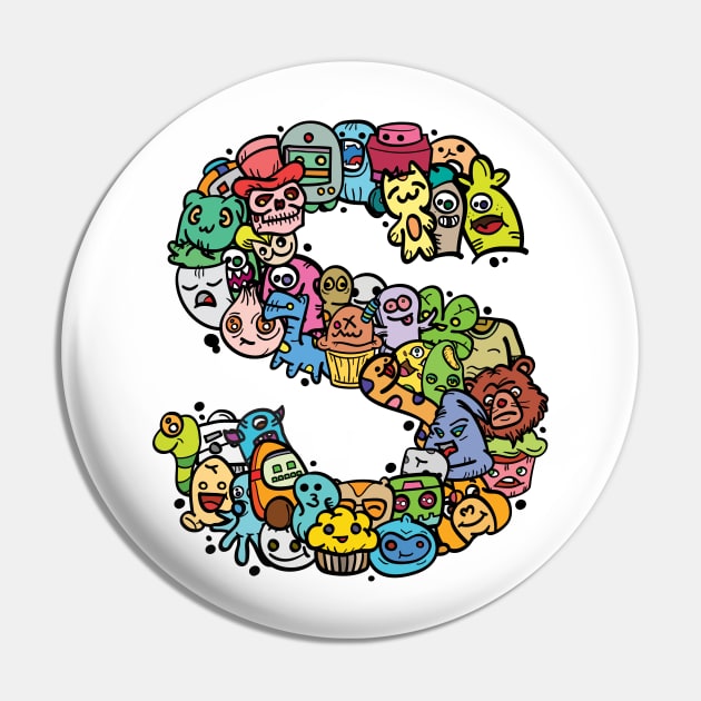 Alphabet Monster Doodle Letter S Monogram Pin by Irene Koh Studio