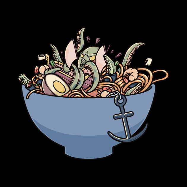 Tentacled Tug-of-War: Kraken Dragging a Ship in a Ramen Bowl by Holymayo Tee