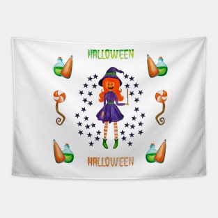 Halloween Watercolor Pumpkin Witch Collection Tapestry