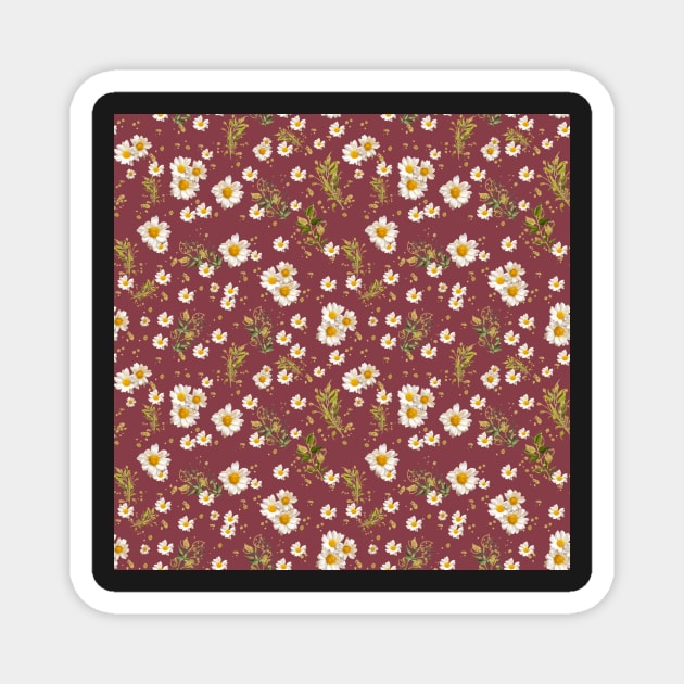 White Daisies Field Garnet Pattern Flowers Magnet by DMRStudio