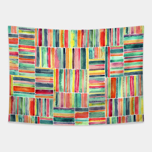 Retro Beach Chair Bright Watercolor Stripes on White Tapestry by micklyn