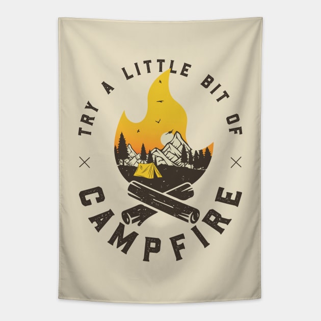 Try A Little Bit Of Campfire | Hiking Mountains Camping Sunset Tapestry by Fitastic