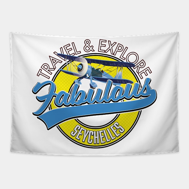 Travel explore fabulous Seychelles logo Tapestry by nickemporium1