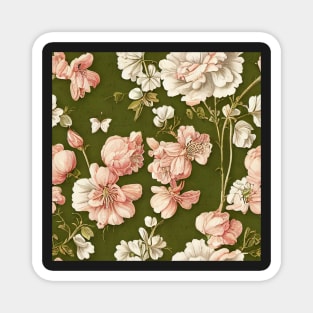 Vintage Floral Light Pink and White Flowers on Olive Green Magnet