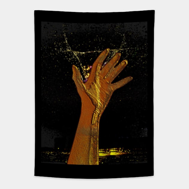 Digital collage and special processing. Hand reaching stars. Monster or great friend. Gold. Tapestry by 234TeeUser234