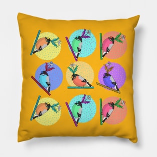 Birds of a feather flock together illustration with colorful pattern of woodland birds in silly daisy hats Pillow