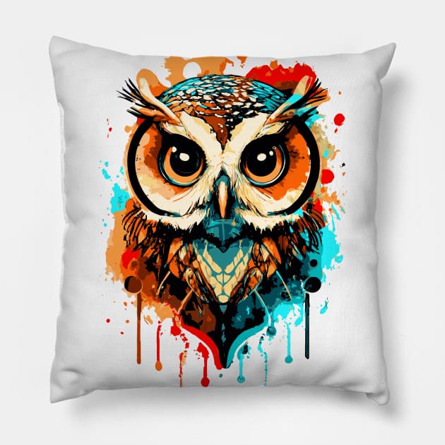 Owl Colorful - Owl Head - Cute Owl Pillow by BigWildKiwi