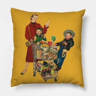 Retro Mom Grocery Shopping with Kids Pillow