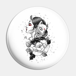 Traditional  black and white Japanese illustration of woman with a kitsune mask and flower Pin