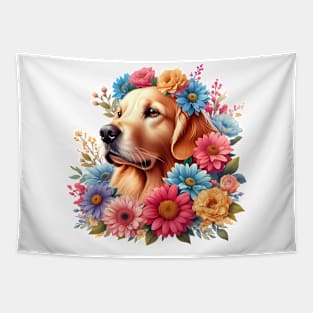 A golden retriever with beautiful colorful flowers Tapestry