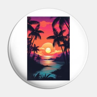 Illustration of an 80s Synthwave retro sunset with palm trees on the beach Pin