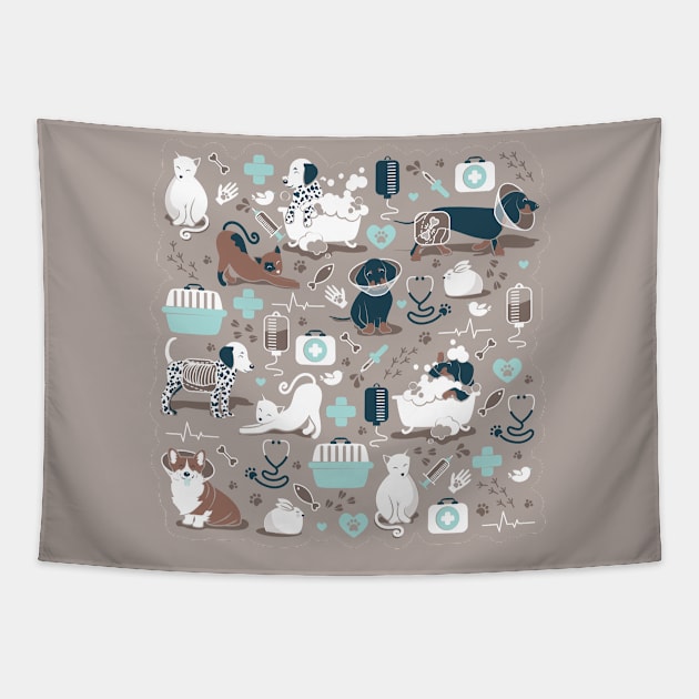 Veterinary medicine, happy and healthy friends // taupe brown background turquoise details navy blue white and brown cats dogs and other animals Tapestry by SelmaCardoso