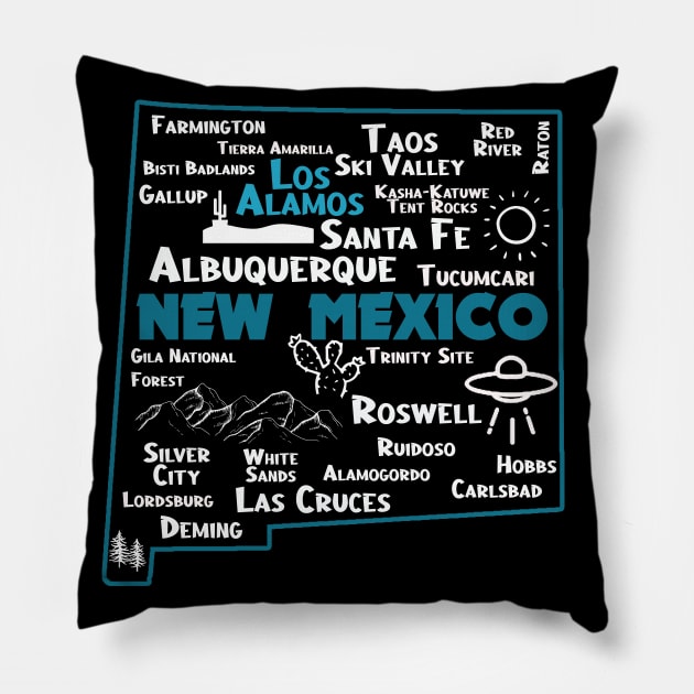 Cute map of Los Alamos New Mexico Albuquerque Santa Fe, Roswell Las Cruces Deming Carlsbad Hobbs Silver City Pillow by BoogieCreates