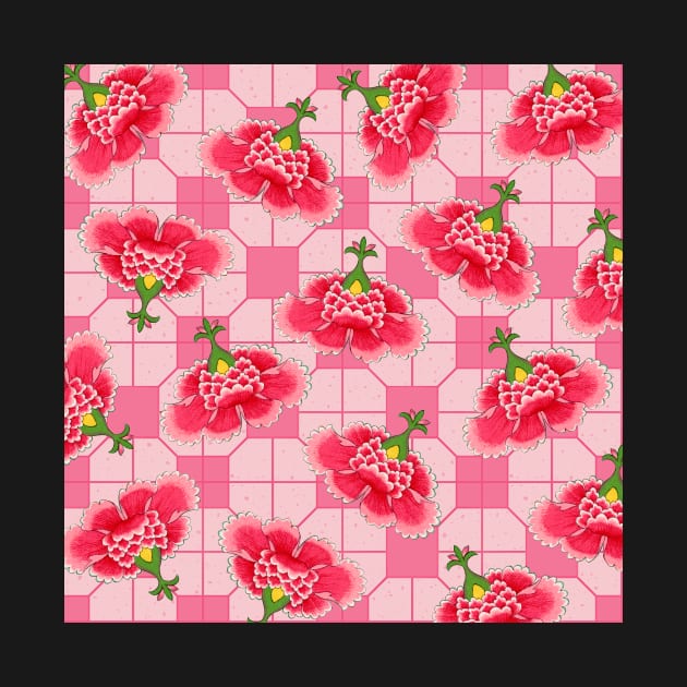 Chinese Vintage Pink and Red Flowers with Blush Pink Tile - Hong Kong Traditional Floral Pattern by CRAFTY BITCH