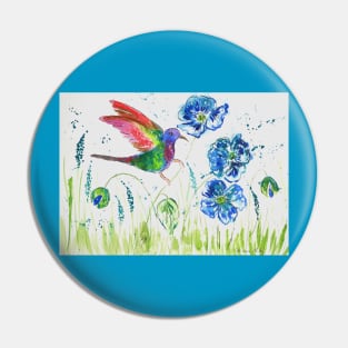 Hummingbird and Blue Poppies Pin