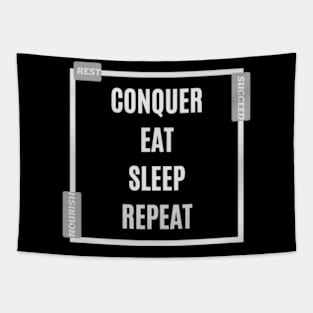 Live, Thrive, Repeat: White Mantra of Conquer, Nourish, Rest, Succeed Tapestry