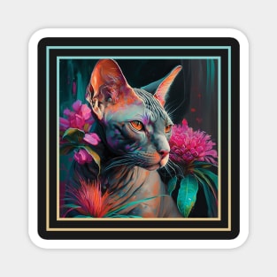 Seeking Sphynx Cat Vibrant Tropical Flower Digital Oil Painting Portrait Magnet