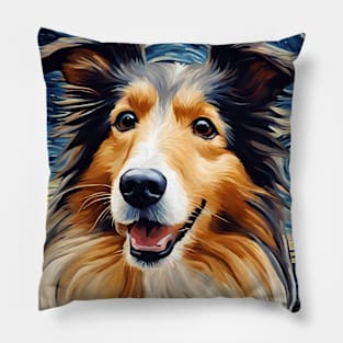 Adorable Collie Dog Breed Painting in a Van Gogh Starry Night Art Style Pillow