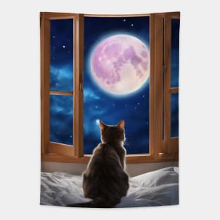 Cute Full Moon Night Sky Cat Looking Out Window Tapestry