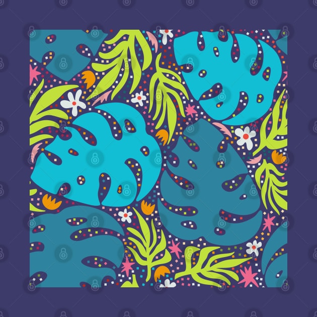 Jungle leaves and flowers abstract repeat pattern on purple by NattyDesigns