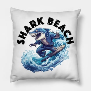 Shark Surfing - Shark Beach (Black Lettering) Pillow