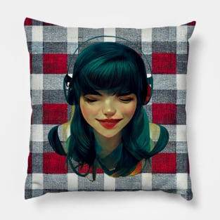 Girl listening to her music on headphones on a plaid background. Pillow