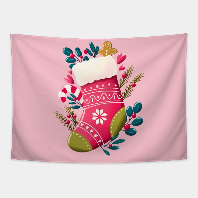 Christmas stocking with decoration on mint background. Cute festive winter holiday illustration. Bright colorful pink and blue design. Tapestry by BlueLela