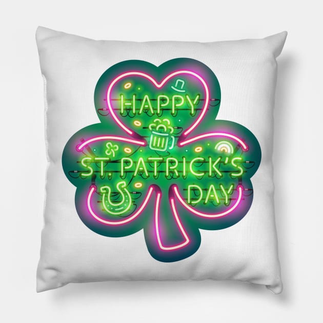 Happy St Patricks Day Neon Sign Pillow by Voysla