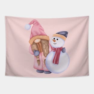Cute Gnome Girl And Snowman Tapestry
