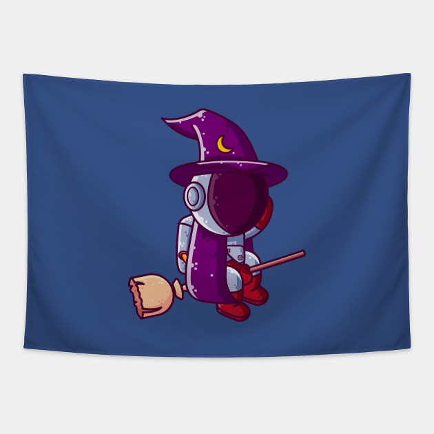 Cute Astronaut Witch Flying Broom Halloween Cartoon Tapestry by Ardhsells