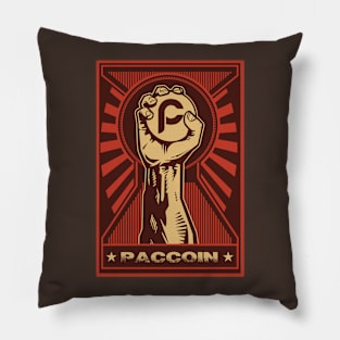 Paccoin: Propaganda style triumphant fist clutching a Paccoin Pillow