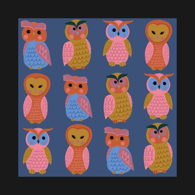 Cute-owls-pink-mauve-mustard-orange-blue-green by Kimmygowland