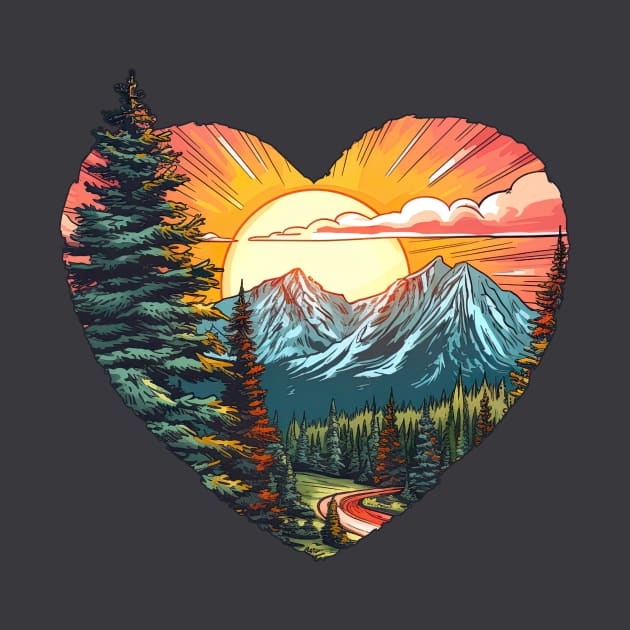 Mountain Scene Watercolor Heart-shaped by Wild Tees USA