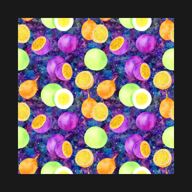 Bright watercolor tropical fruit pattern, passion fruit on the galaxy background by runlenarun