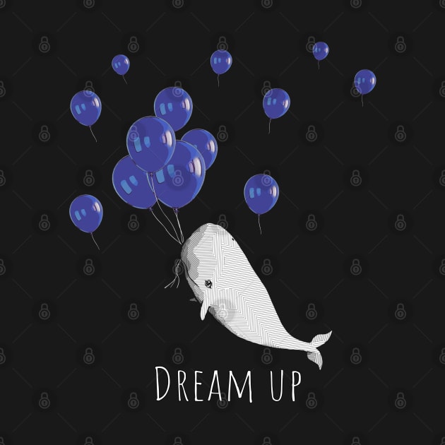 White whale, geometric style, dream up, blue balloons style color by Collagedream