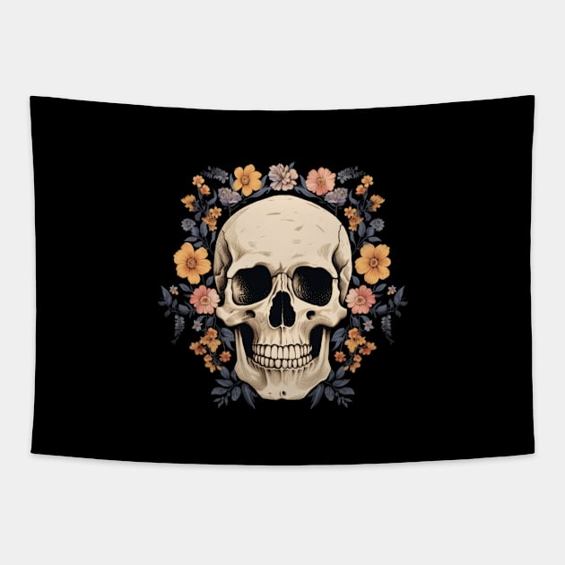 Skull with flowers Tapestry by Merchgard