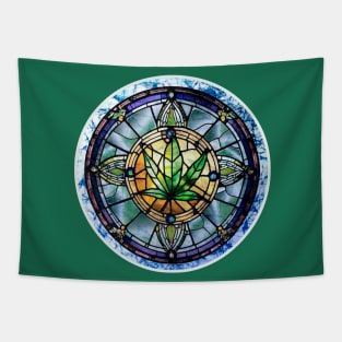 420 April 20 Cannabis leaf sacred religious stained glass blue batik Tapestry