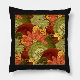 Colorful Pattern with Floral Motifs. Ornate Flowers, Leaves and Swirls Pillow