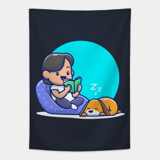 Cute boy reading book cartoon Tapestry