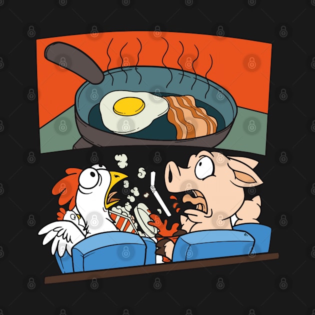 Livestock animals, chicken and pig, watching an egg and a strip of bacon getting cooked. by gdimido