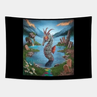 watercolor zombie seahorse in lake with horns Tapestry