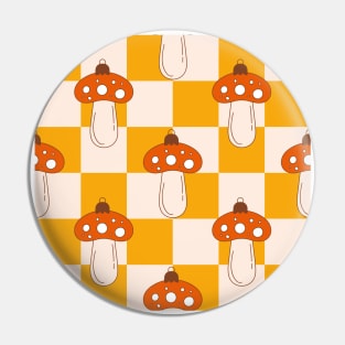 Vintage Merry Mushrooms. Retro vintage Christmas pattern with groovy toys of mushroom on checkerboard background. Pin