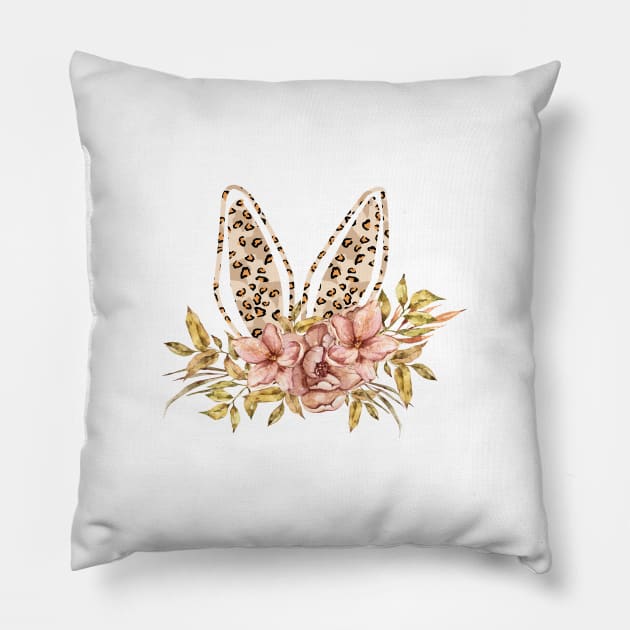 Cute leopard floral boho bunny ears illustration Pillow by tiana geo