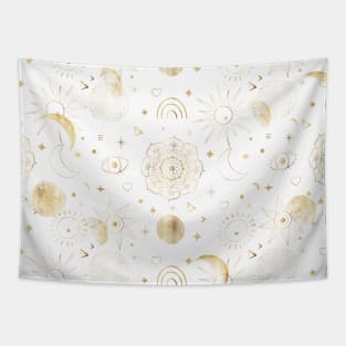 Magical White Gold Sun Moon Planets Galaxy Design Tapestry