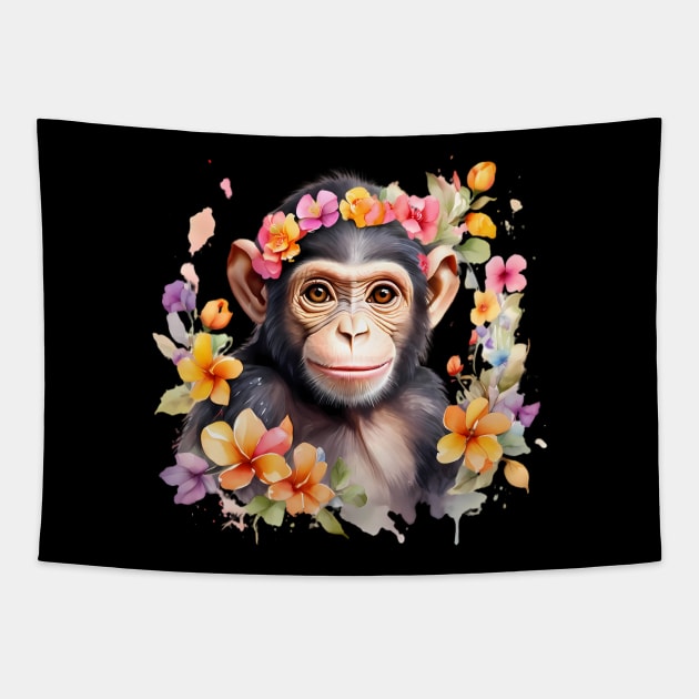 A baby chimpanzee decorated with beautiful watercolor flowers Tapestry by CreativeSparkzz