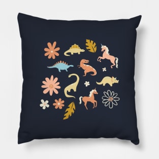 Dinosaurs + Unicorns in Coral + Blue Pillow