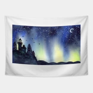 Whimsical Lighthouse with Northern Lights. Tapestry