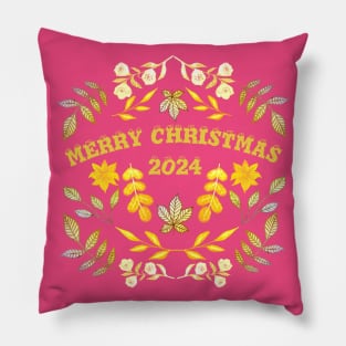 MERRY CHRISTMAS 2024 WITH GOLDEN FLOWERS AND LEAVES Pillow