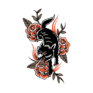 American Traditional Tattoo of Black Wolf on Red Roses with Flames T-Shirt